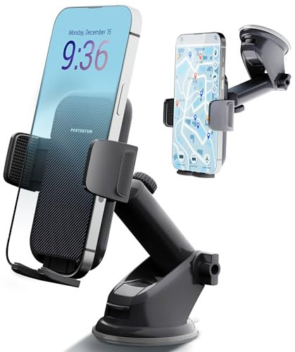 PORTENTUM Support Telephone Voiture | Aspiration Militaire | Porte 360° Ventouse Fixe Tableau de Bord Accroche Portable Universel GPS Smartphones