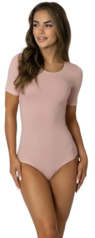 Alkato Body Donna Manica Corta Cotone – Body Donna con Scollo Tondo e Chiusura con Bottoni a Pressione, Rosa cipria, M (Short 158-164 cm)