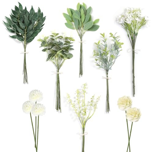 65 Stück Künstliche Blumen & Zweige, Weiß Kunstblumen Grüne Künstlich Dekozweige, Kunstblumen Wie Echt Hortensien Pfingstrosen Eukalyptus für DIY Blumenstrauß Brautstrauß Kunstblumenstrauss Hochzeit