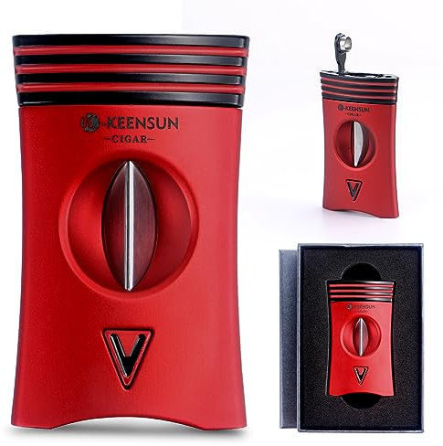 KEENSUN Cortador de cigarros 3 en 1 de aleación de zinc con corte en V (rojo) con soporte para puros en la parte posterior y perforador en la parte inferior, calibre 60, hoja de corte de acero