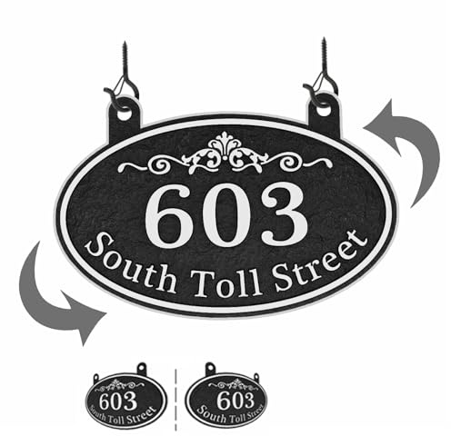 Hanging Address Plaque Oval - Personalized House Number Sign Plaque,Address Sign,House Numbers for Outside House,Mailbox,Lamp Post,Light Post, Metal Option with 2 Hooks 9.8 x 6.4 inch