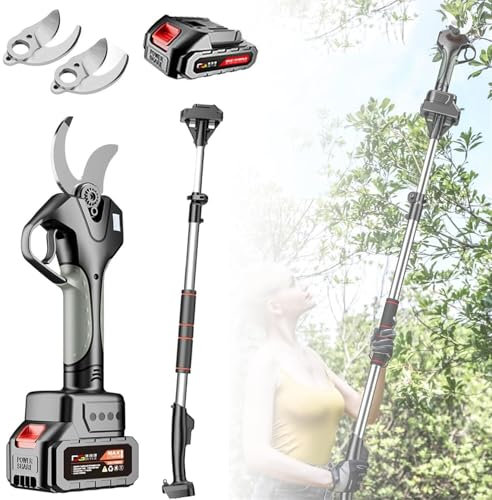 Cordless Electric Pruning Shears with Extension Pole, Rechargeable Cordless Tree Pruner for Tree Trimming,Backup Rechargeable Battery Operated Branch Cutter MAX 45mm Cutting Diameter(2Battery)