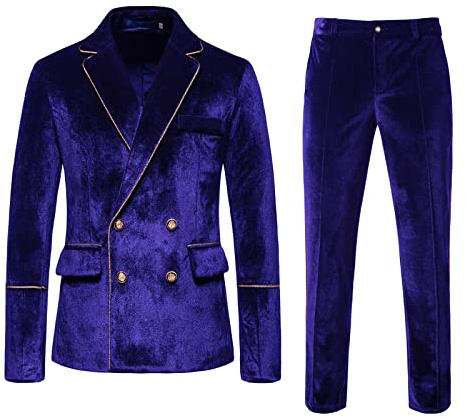 Costume classique pour homme - Automne et hiver - Style décontracté - Velours fin à double boutonnage - Couleur unie - Robe de soirée pour garçons d'honneur - Costume pour homme en costume, bleu, XXL