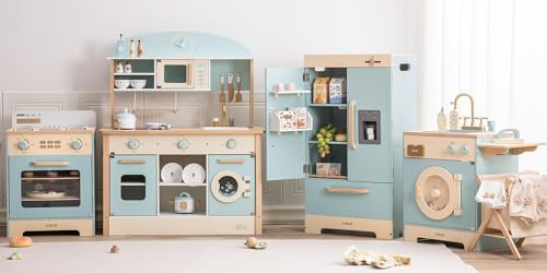 ROBUD Wooden Play Kitchen Set, Kids Toy Kitchen Set with Realistic Design, Utensils, Ice Maker, Fridge, Oven, Washer, Modern Style Play Kitchen with Accessories, Ideal Gift for Boys & Girls, Blue