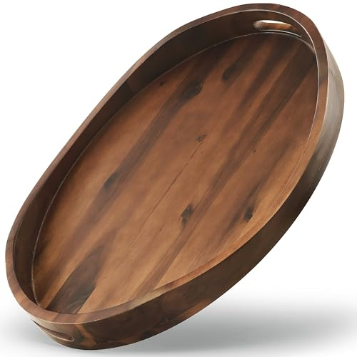 TIDITA Acacia Oval Wooden Serving Tray with Handle, 16.5x13, Walnut Color