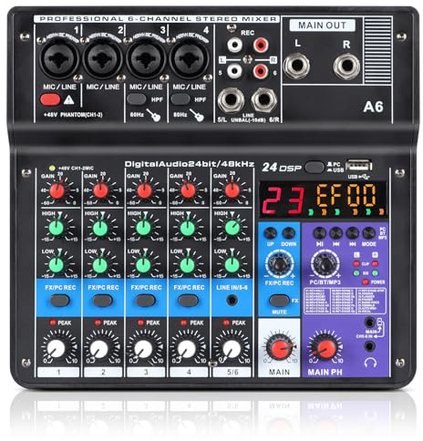 XTUGA A6 Audio Mixer 6 Channel Sound Mixer, USB Mixing Console with Bluetooth and 48V Phantom Power, Loopback Function, Suitable for Performances, Meetings, Live Broadcasts