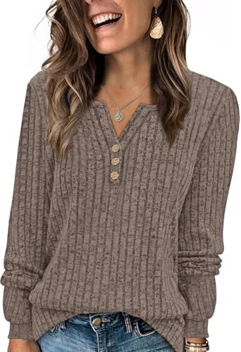WIHOLL Jumpers for Women V Neck Long Sleeve Sweatshirts for Women Henely Neck Lightweight Jumpers Fall