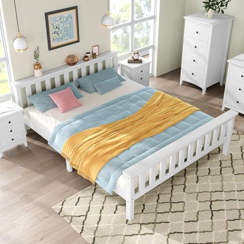 BTM Lit Double en Bois 140x200cm, Massif, sommiers à Lattes, pin, pour Adultes, Enfants, Ados, Blanc