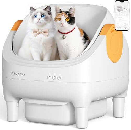 Thereye Automatic Litter Box, Open-Top Self Cleaning Litter Box with APP Control, Safety Sensors and 10L Large Waste Bin, Smart Auto Litter Box with 2 Roll Trash Bags, Mat for Multiple Cats
