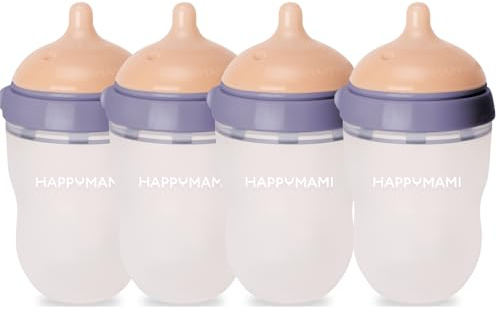 HappyMami - Set de 4 Biberons en Forme de Sein, Tétine en Silicone de grade alimentaire, Double Système Anti-Colique, sans BPA, Lavable au Lave-vaisselle, Chauffe-biberon (Violet Soie, 250 ml)