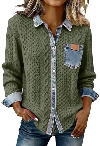 Camisas con botones para mujer, de negocios, casual, cuello de solapa, estampado texturizado, blusa de mezclilla con retazos, casual, ligera, chaqueta de mezclilla vintage con costuras de bloque de