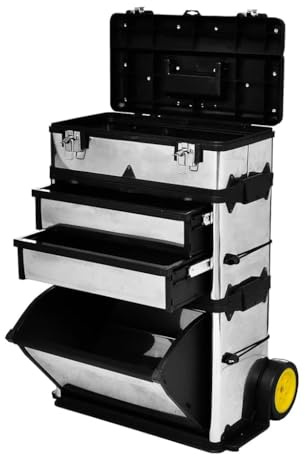 RCODSSK Chariot à outils 3 pièces avec roulettes et poignée télescopique - Mallette à outils en acier inoxydable et PP avec 2 tiroirs pour l'atelier roulant