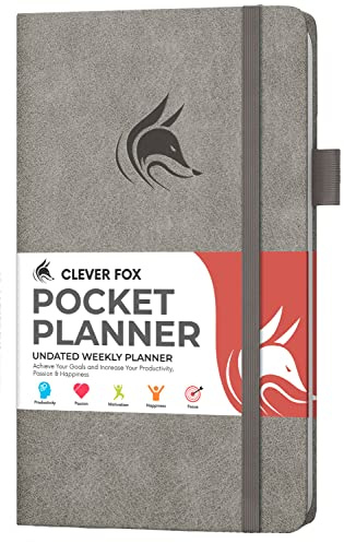 Clever Fox Pocket Planner, Mini Undated Weekly Calendar, Small Grey