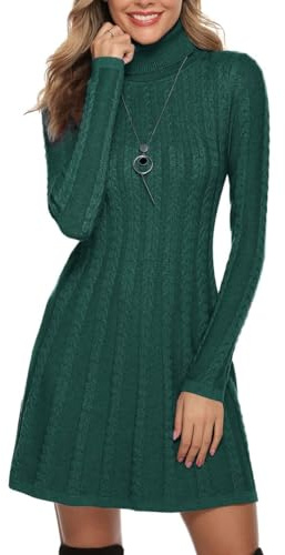 Gyabnw Vestito Casual Donna Invernale in Maglione Abito Vita Alta Elegante Collo Alto di Orlo Svasato Abito Linea A in Maglia al Ginocchio Caldo di Moda Treccia Ritorta, Verde Scuro, M