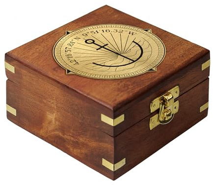 Casa Vivente Sonnenuhr-Kompass aus Messing mit eleganter Holzbox und individueller Geokoordinaten-Gravur, Nautische Geschenkidee