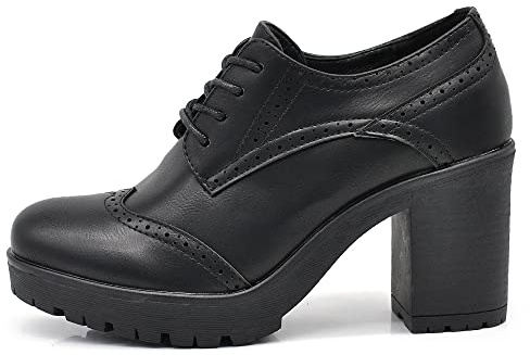 IF Fashion Zapatos de Mujer con Cordones Estilo Derby con Embroiderado y Tacón Grueso de Piel Sintética IF146, 36 EU
