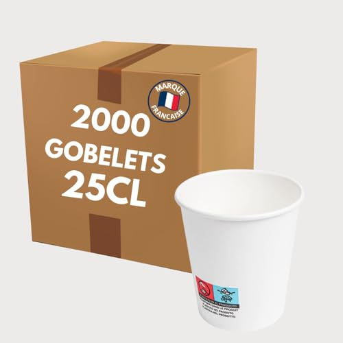 COVR 2000 Gobelets carton blanc 25cl - 8oz / 2000 unités, Gobelets Réutilisables & Recyclables, Boisson Chaude et Boisson Froide, Solide et Bonne Prise en Main, Résistant