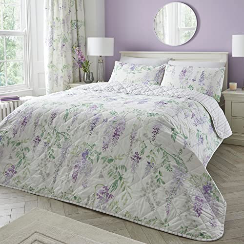 Dreams & Drapes - Purple Wisteria Bedspread (230cm X 200cm) - Soft Touch - Purple Floral Quilted Bedspreads - Lavender Floral Blanket/Bed Cover for Bed - Matching Duvet Cover & Curtains Available