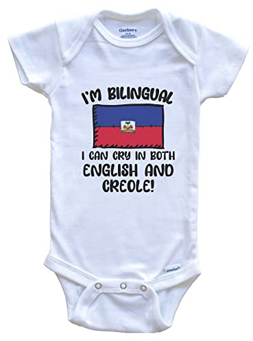 I'm Bilingual I Can Cry in Both English and Creole Funny Haitian Flag Baby Bodysuit - Haiti One Piece, 6-9 Months White