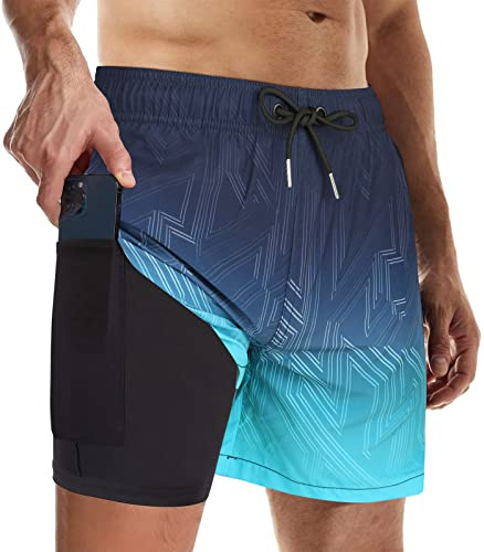 Wantonfy Men's Swim Trunks with Compression 2 in 1 Beach Shorts Double Layer Quick Dry Swim Shorts Surfing Beach Shorts