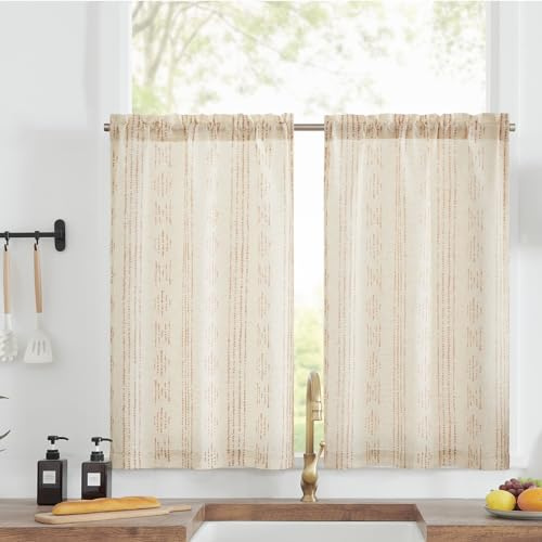 TOPICK Boho Linen Blend Kitchen Cafe Curtains Beige 2 Panels W26 xL36 | 36 Inch Drop Small Curtains Light Filtering Tier Curtain for Bathroom RV Basement Sink Cupboard Rod Pocket