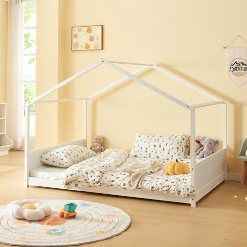 [en.casa] Letto per Cameretta a Forma di Casetta Letto Piazza e Mezza per Bambini Struttura in Legno di Pino in Stile Montessori 120 x 200 cm - Bianco