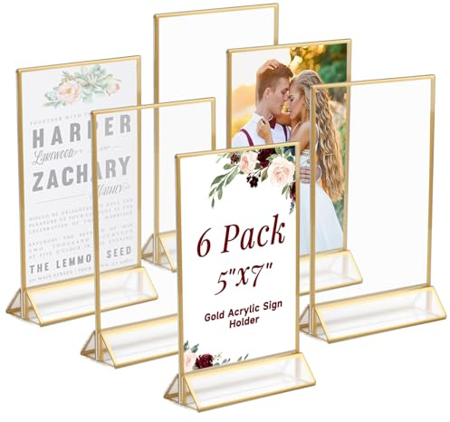 Ayuanb 5x7 Inch Acrylic Sign Holder with Gold Borders, 6 Pack Gold Picture Frames for Wedding, Double Sided Table Number Holders Menu Holders, Acrylic Stands for Display, Restaurant Signs