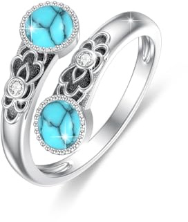 ABIGY Türkis Ring 925 Sterling Silber Doppelstein Rings Vintage Floral Rings Verstellbarer Ring Türkis Weihnachten Halloween Ostern Muttertag Valentinstag Geburtstag Schmuck Geschenke für Damen