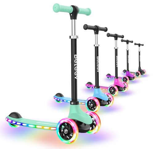BELEEV A6 Trottinette Enfants 3 Ans, Trotinette à 3 Roues LED Roues Lumineuses et Deck, 4 Réglables en Hauteur, Plateau Antidérapant Scooter pour Filles Garçons 3-8 Ans, Tricycle Scooter for Kids