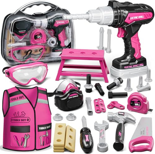 KidBloom Jouet Fille 3 Ans, Boite a Outils Enfant Rose avec Perceuse Électrique, Boîtes à Outils & Gilet, Jouet Enfant 3 4 5 Ans Fille