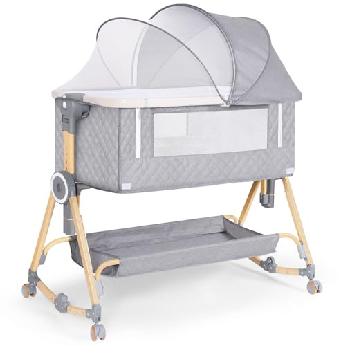 HOLAVIDA 5 in 1 Bedside Crib, Next to Me Crib, 7 Level Adjustable Baby Bassinet with Changing Table, Storage Basket, Mosquito Net, Mattress, Portable Travel Cot for Newborn/Infants (Grey)