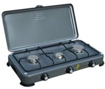 Daimann - Fornello da Campeggio a Gas 3 Fuochi in Acciaio Inox Grigio con Bruciatori ad Alta Resa, Portatile e Compatto per Cucina Esterna a Gas, Giardino, Viaggi, Uso Professionale e Domestico