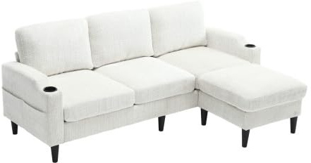HAINEW Modern hörnsoffa, hörnsoffa med lagringsutrymme och pall, 3-sitsig L-formad soffa med mugghållare och sidoficka för vardagsrum, lägenhet, kontor (beige)