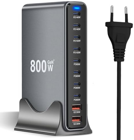 10 portar 800W USB-C Snabbladdare med GaN III-chip och PD 3.1, 8 USB-C-portar och 2 USB-A-portar, 140W strömförsörjning för MacBook, iPhone, iPad, Samsung