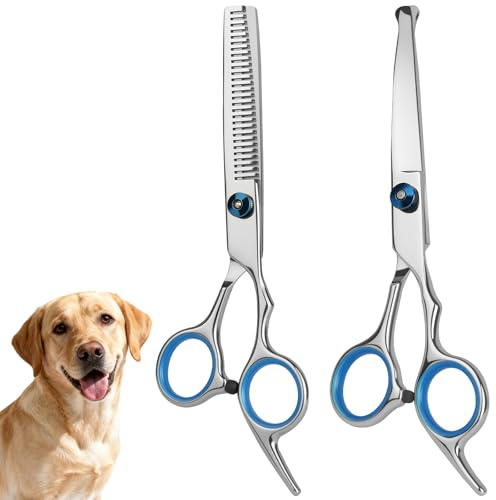 AYBUY 2Pcs Ciseaux Toilettage Chien Professionnel, Ciseaux Toilettage Chien de Compagnie pour Animaux avec Pointe Ronde de Sécurité Ciseau à Effiler et Incurvé en Acier pour Chats Chiens