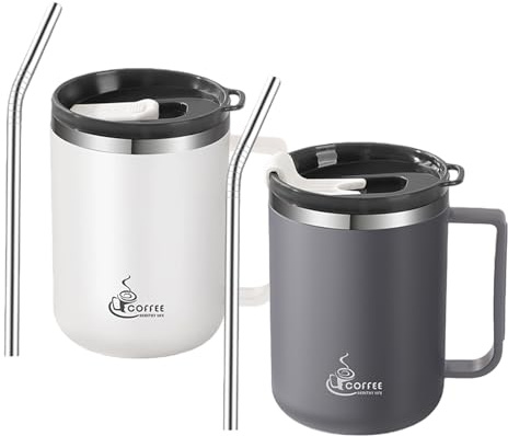 VEGOATY Set med 2 termosbehållare av rostfritt stål, 430 ml: dubbelväggs kaffekoppar, BPA-fria, isolerade kaffekoppar, med lock och sugrör, av rostfritt stål 304, för kontor, hemma