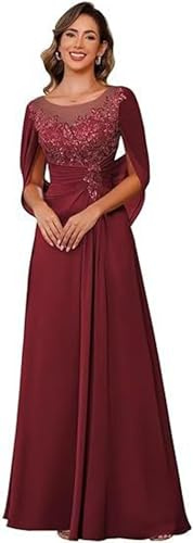 Vestidos de gasa con encaje para madre de novia, vestidos largos de gasa con mangas de capa para mujer, vestidos de fiesta de noche, granate, 44
