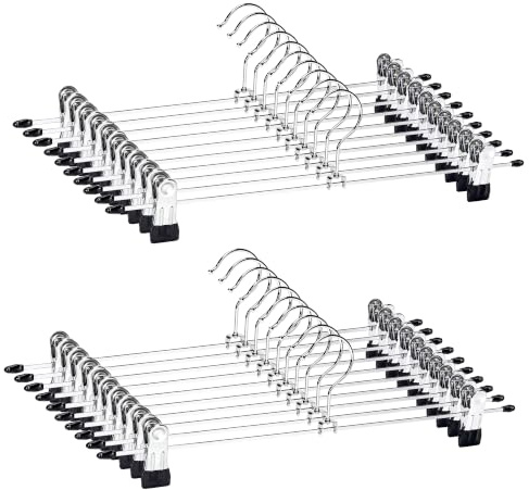 EssenFlolis Extra Long 38cm Metal Trouser Hangers with Clips, 20 Pack | Space-Saving Skirt Hangers with Adjustable Clips & Swivel Hook, Non-slip Bottoms Hangers for Slacks Jeans Pants Shorts