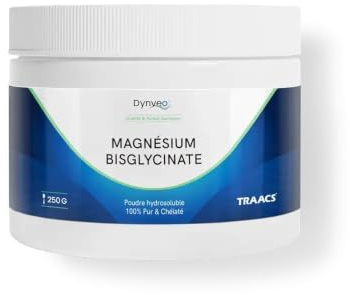 Magnésium Bisglycinate Chélaté Poudre 250g - Fatigue, Nerveux & Muscles - Label TRAACS® Albion Minerals 100% Pur - 0% Oxyde - Haute Absorption - Sans Additifs - 2 à 3 mois env. 3g/j - Dynveo
