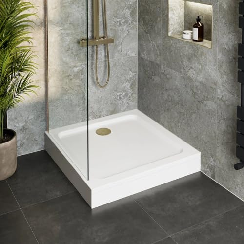 Hydrolux® 700 x 700 x 140mm White Bathroom Shower Tray for Enclosures Cubicles & Wet Room with Brushed Brass Waste + Riser Kit, Square
