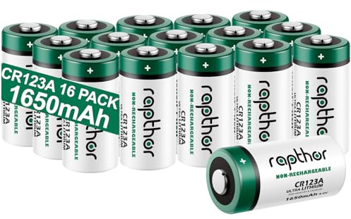 Pile au Lithium CR123A 3V [Pack de 16 1650mAh] pour appareils Photo Arlo, Polaroid, Lampes de Poche, Haute capacité avec Protection PTC [Non Rechargeable]