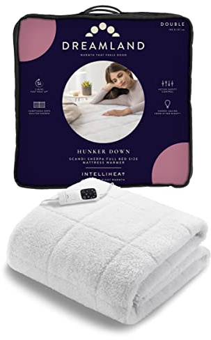 Dreamland Intelliheat+ Couverture chauffante Rapide pour lit Double, 190 x 137 cm, Sangles élastiques, 1 contrôle, 6 réglages de température et minuteur, Lavable en Machine