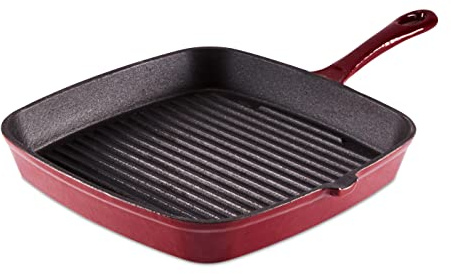 Barbary & Oak BO800257RED Cast Iron Grill Pan with Durable Enamel Interior, 23cm, Bordeaux Red