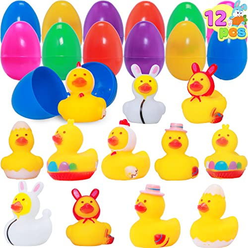 JOYIN 12 Pcs Filled Easter Eggs with Rubber Duck, Eggs Hunt, Basket Stuffers Filler for Kids Party Favor, Classroom Prize Supplies, Bath Toys