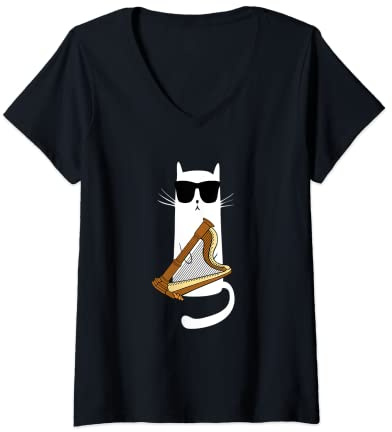 Femme Chat amusant portant des lunettes de soleil jouant de la harpe T-Shirt avec Col en V