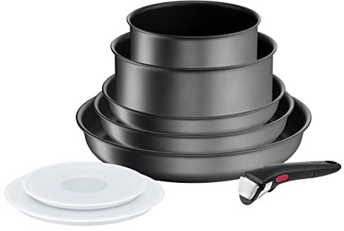 Tefal Ingenio Daily Chef ON 8 Piece Non-Stick Induction Pan Set, 22&24&28cm Frypans, 16&20cm Saucepans, 16&20cm Hermetic Lids, Bakelite Removable Handle, Grey, L7619202