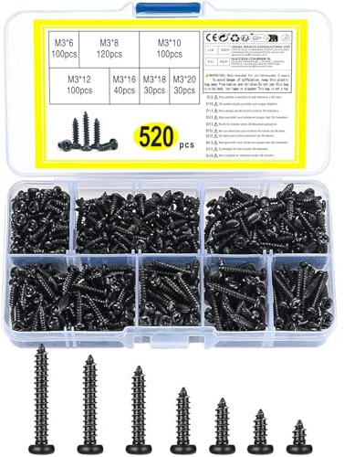 520 Pcs Cross Head Self Tapping Screws, M3 Round Head Self Drilling Wood Screws Assortment Kit, Black Carbon Steel Pan Head Screws for Plastic Wood Soft Metal