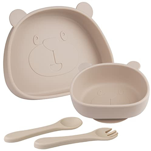 Baby Teller,Kinderteller mit Saugnapf,Rutschfest Kinder Tischset,Silikon Baby Teller,Babyteller mit Löffel Gabel, BPA Frei, Babygeschirr,Spülmaschinen-und Mikrowellenfest 4 Stück…