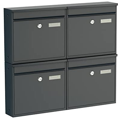 BASI Lot de 4 boîtes aux lettres murales en acier - Couleur : anthracite mat - Avec plaque nominative - Serrure à cylindre avec 2 clés - Matériel de fixation - Système de boîte aux lettres - Lot de 4