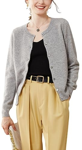E-girl SPR1201 - Cardigan da donna, 95% cashmere, girocollo, a maniche lunghe, in lana di cachemire, tinta unita, grigio chiaro, 48